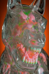 Abstract Glass Skull Sculpture with Colorful Paint Drips and Swirls, Artistic Modern Design