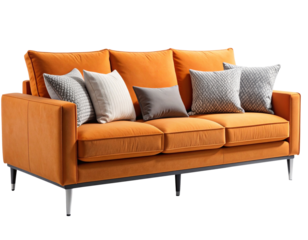 Angled Perspective of Contemporary Orange Couch with Pillows, Transparent PNG