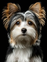 Close-up of a tricolor Shetland Sheepdog puppy with expressive brown eyes against a black background