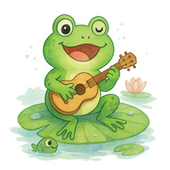 funny-frog-forky-forky-playing-guitar-on-lotus-leaf-watercolo
