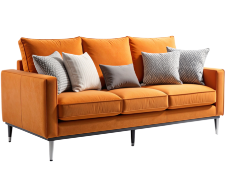 Angled Perspective of Contemporary Orange Couch with Pillows, Transparent PNG