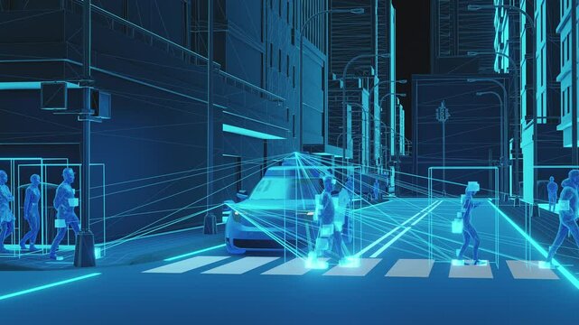 An autonomous vehicle navigates a futuristic wireframe city street, detecting pedestrians using sensor technology to ensure safety on the road and at a crosswalk. - Powered by Adobe