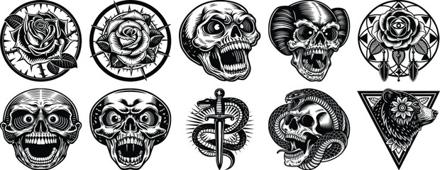 Tattoo Design Vector Set – Black Tribal, Abstract, and Decorative Ink Style vector design on Transparent Background