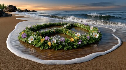 Peaceful beach scene with floral peace symbol made of flowers on wet sand during sunset