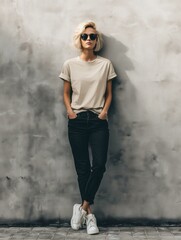 Stylish young woman in casual outfit leaning against textured wall with sunglasses and sneakers