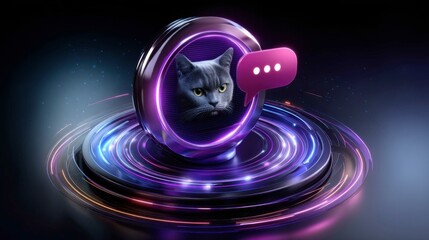 Futuristic Digital Representation of a Cat with Chatbot Concept in Neon Lights