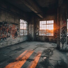 Abandoned industrial building with graffiti walls and sunset light through large broken windows