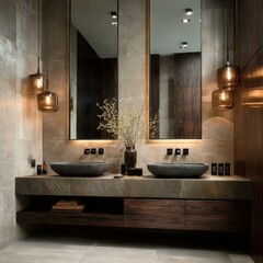 Modern rustic bathroom with stone sinks and warm lighting, minimalist decor and wooden accents