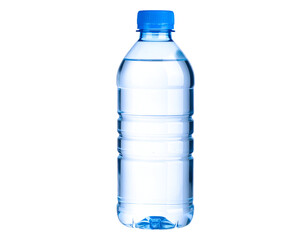 Fototapeta premium A clean, transparent plastic bottle with a blue cap holds pure, essential drinking water.