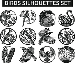 Birds Silhouette Vector Set – Flying, Perching, and Standing Bird  – Black Wildlife Illustrations on Transparent Background