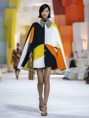 Fashion Model Walking on Runway Wearing Colorful Geometric Coat with Accessories and High Heels