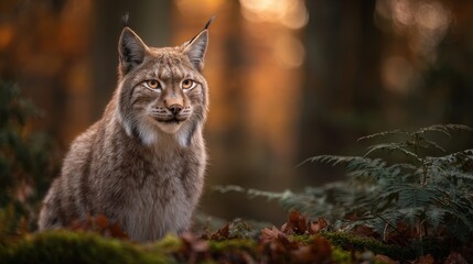 Close-up of stealthy lynx sitting on mossy forest floor with autumn leaves and soft ferns, warm earthy tones, and gentle bokeh
