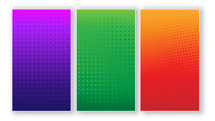 Halftone Gradient Background Set. Colorful Comic Dot Pattern Templates. Modern Halftone Dot Backgrounds. Vibrant Retro Gradient Templates
