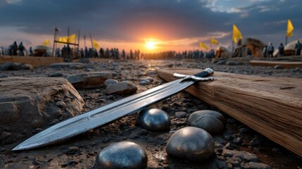 Medieval sword and shield lying on rocky ground with a crowd of people and ships in the background at sunset