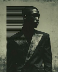 Black and White Art Portrait of a Woman in a Suit with Digital Glitch Effects