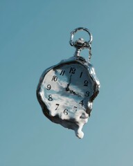 Melting pocket watch with a reflective surface showing clouds and sky against a clear blue background