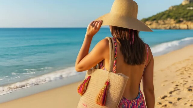 A beautiful woman in a straw hat and with a bag walks along a sandy beach. Summer vacation and fashion style. Use for travel agency advertisement, summer clothing sale, and resort promotion