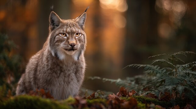 Close-up of stealthy lynx sitting on mossy forest floor with autumn leaves and soft ferns, warm earthy tones, and gentle bokeh - Powered by Adobe