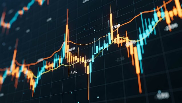 Digital glowing stock market chart with options trend and index data on a dark background, symbolizing economic growth, trading, and financial technology.