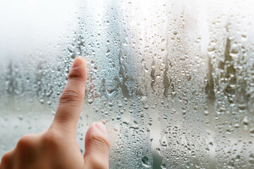 Finger Tracing Fresh Condensation Droplets On Steamy Window Macro Closeup. Foggy Window