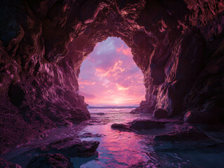 Enchanting Pink Lit Sea Cave Entrance Framing Vibrant Sunrise Ocean View In Dreamy Coastal Fantasy Landscape. Mystic Cove