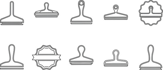 Ten black and white outline illustrations of various stamp designs set out