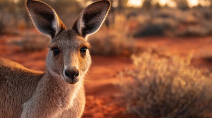 Obraz premium Close-up of a strong kangaroo in sunlit Australian outback with detailed fur and alert eyes, warm earthy tones, and soft bokeh