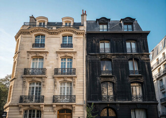 Historic adjacent city buildings present a captivating visual, highlighting an elegant light facade next to a darker, textured one.