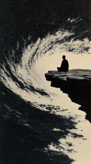 Silhouette of a Person Meditating on Cliff Edge Against Starry Night Sky and Cosmic Wave