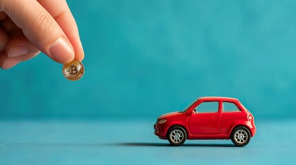 Close-up of a hand placing a golden coin into a small model car, symbolizing saving for specific goals