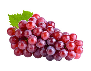 A vibrant cluster of fresh red grapes with a single green leaf offers a delightful natural sweetness.