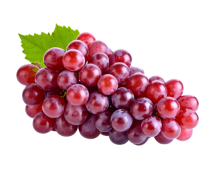A vibrant cluster of fresh red grapes with a single green leaf offers a delightful natural sweetness.