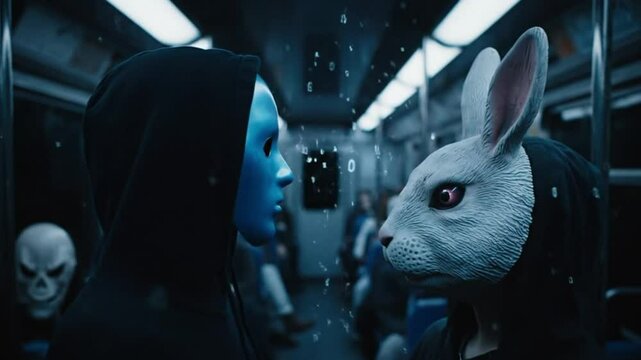 Anonymous Hacker on Cyberpunk Subway with Masked Passengers - Dark Underground Virtual Reality Scene