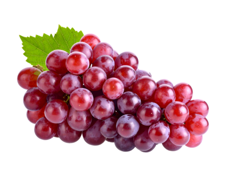 A vibrant cluster of fresh red grapes with a single green leaf offers a delightful natural sweetness.