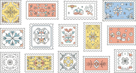 Collection of decorative postage stamps with floral and geometric designs