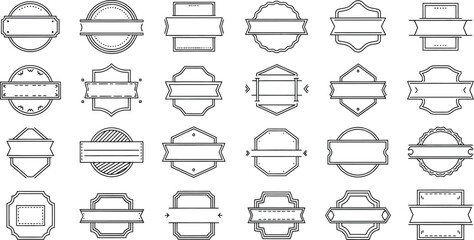 A collection of twenty four outlined badge templates on white background