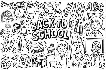 Back to school doodle vector illustration with students, teacher, school supplies and education elements