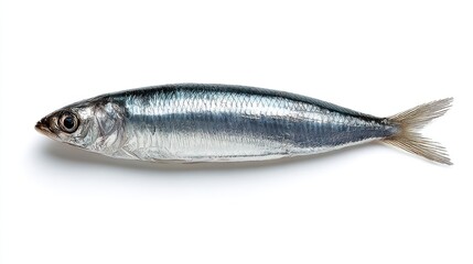 Fresh whole anchovy with shiny silvery-blue skin isolated on a white studio background