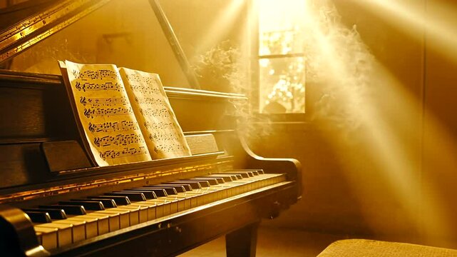 Vintage piano with music sheets in warm light