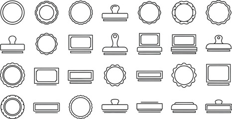 Various outline stamp designs arranged in rows on a white background