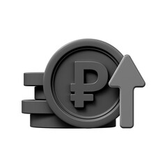 3d symbol of black ruble coin with arrow up. Symbol of income growth.