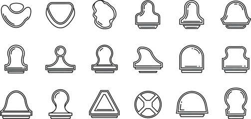 Various stamp shapes and designs in black outline on a white background