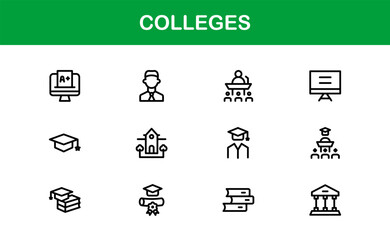 Colleges Education Institutions Professional Line Icon Collection – A minimal, modern vector set featuring college-themed symbols and academic-related graphics