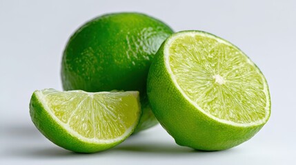 Fresh whole lime with smooth vibrant green skin and sliced wedge revealing juicy pale green flesh on pure white seamless studio background