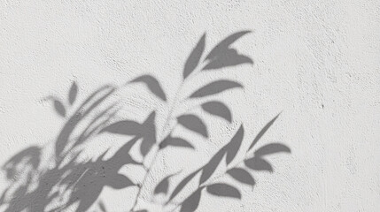 Gray shadows of the flowers and delicate grass on a white wall. Abstract neutral nature concept background. Space for text. Blurred, defocused