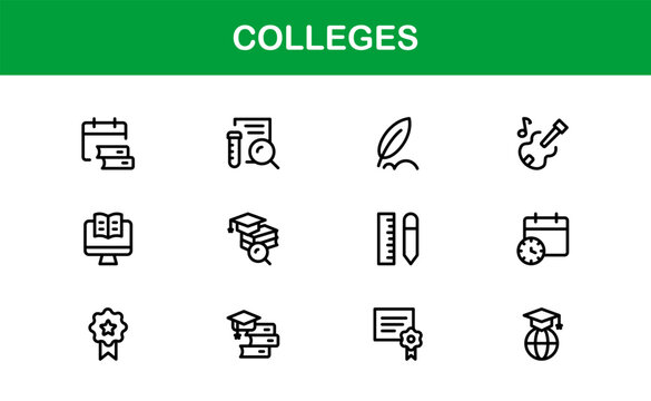 Colleges Education Institutions Professional Line Icon Collection – A minimal, modern vector set featuring college-themed symbols and academic-related graphics