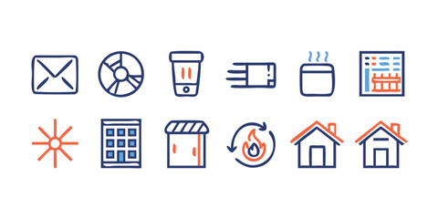 Comprehensive HVAC Vector Icon Set for Home and Industrial Applications A versatile collection of detailed icons representing heating ventilation and air conditioning systems for diverse