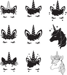 Unicorn faces with horn and various accessories vector set 