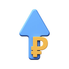3D ruble symbol with upward arrow, price growth icon.