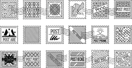 Collection of black and white postage stamps with various designs